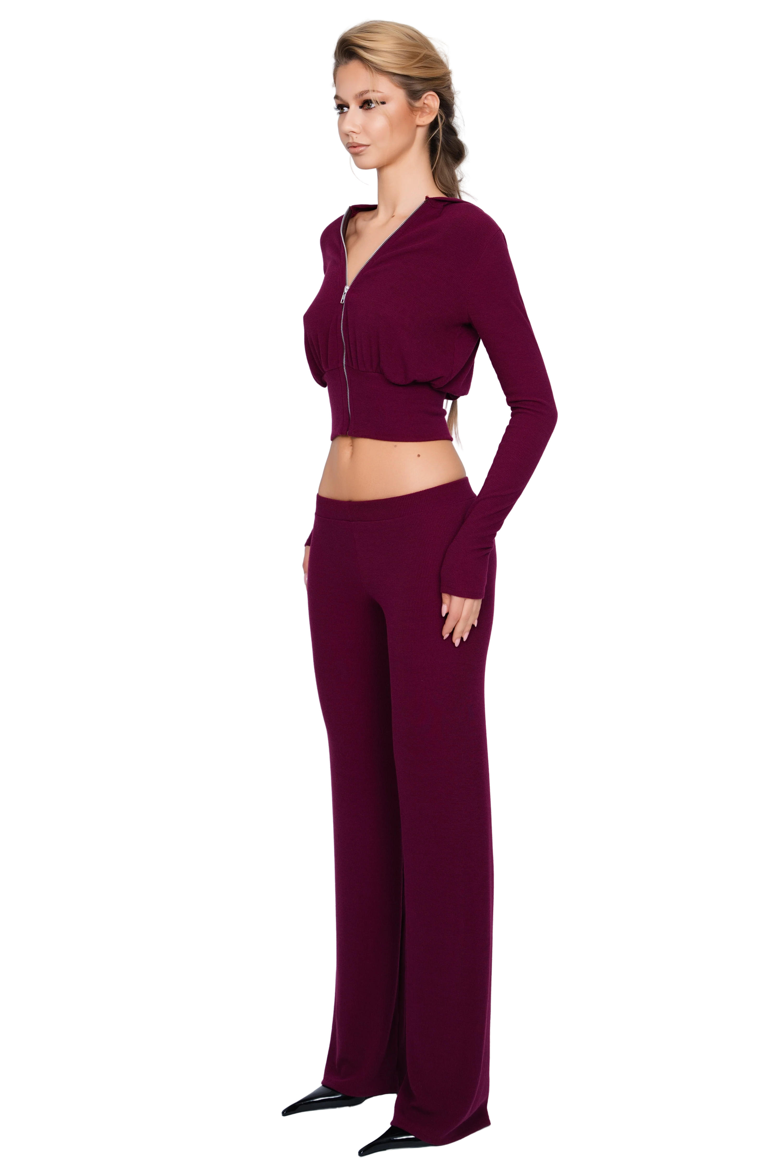 Pordena Ribbed Zip Hoodie - Merlot Rib - Image 2